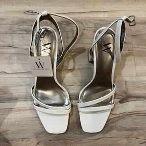White shiny block heel sandals
